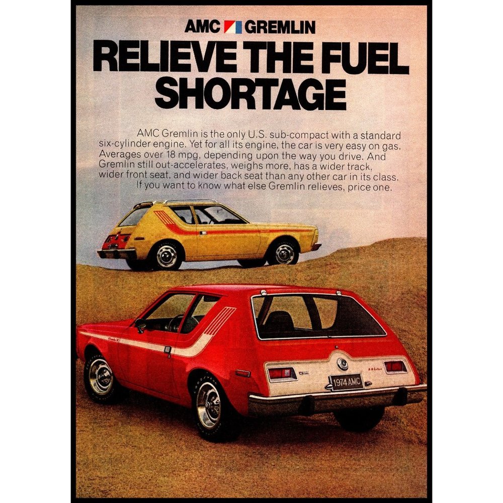 1974 AMC American Motors Gremlin Vintage Print Ad Yellow Red Fuel Crisis Decor